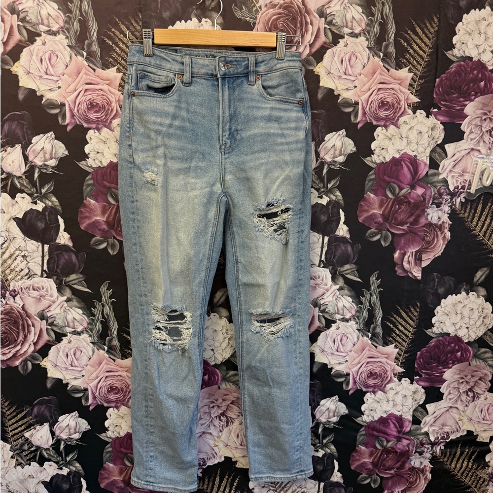 American Eagle Outfitters Blue Boyfriend Jeans Distressed Relaxed Fit Size 0